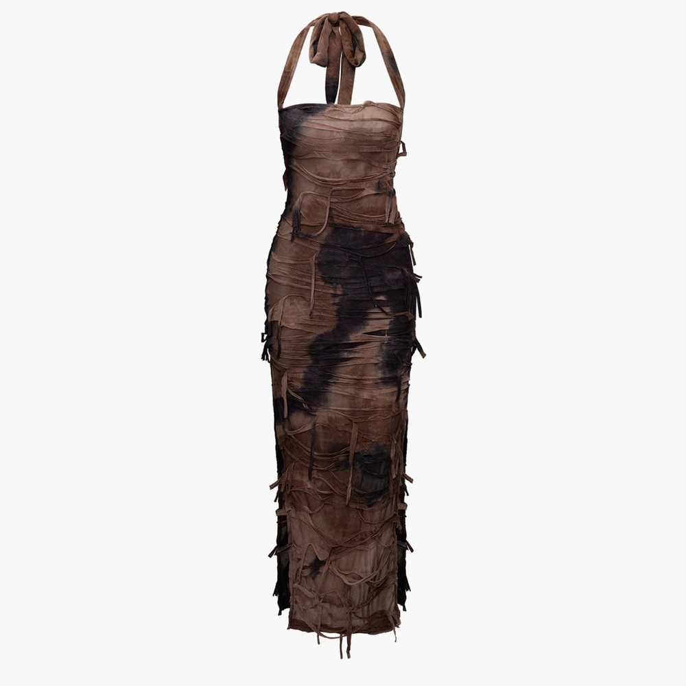 Tie dye distressed mesh slit halter maxi dress
